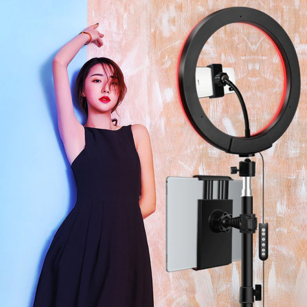 RL-RGB100-1.jpg Ring Light Led Χρωματιστό Φωτογραφικό Φωτιστικό led δαχτυλίδι 26cm dimmer και τρίποδο με επιλογή RGB χρωμάτων – Usb led ring light - Image 1